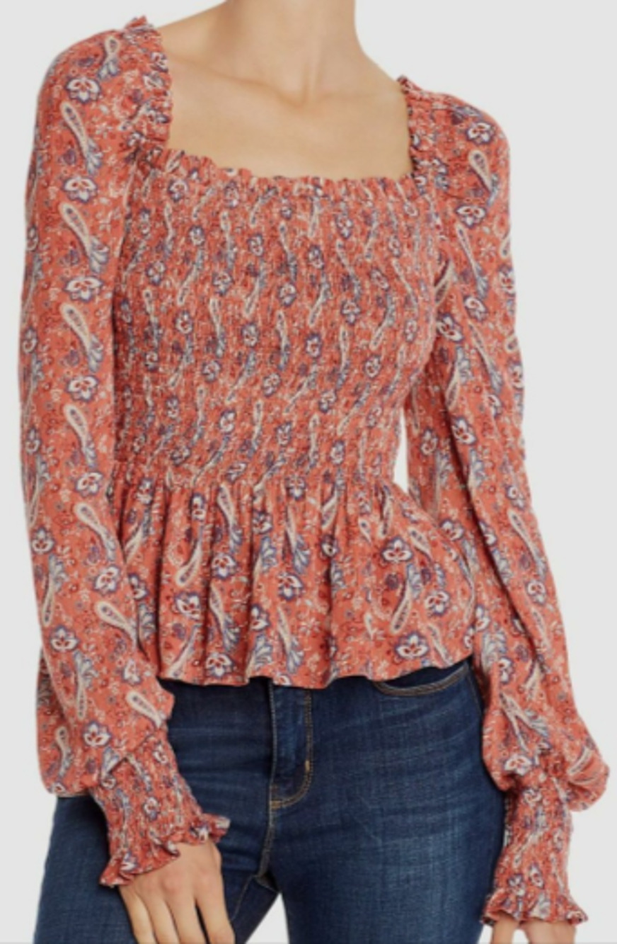 Aqua Women's Smocked Long-Sleeve Blouse Size S 2-6 MSRP $198